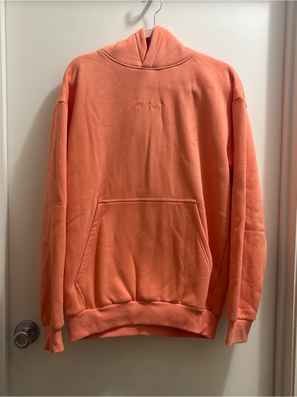 Men's Crewneck Hoodie in Coral Orange with Subtle Embroidery